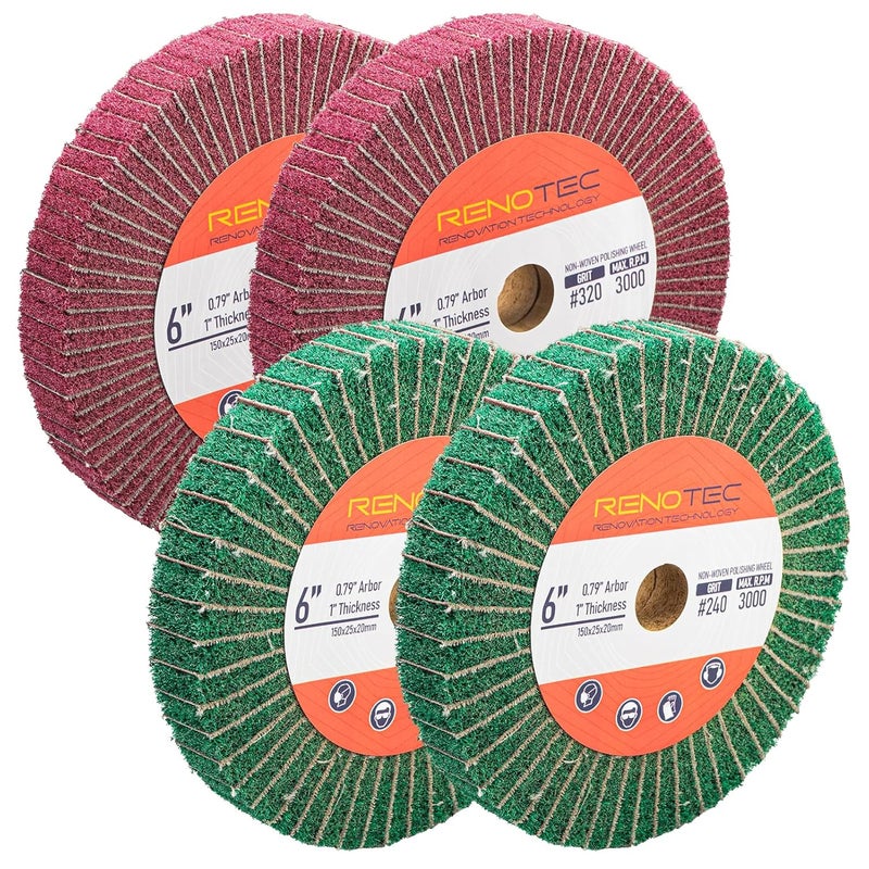 RENOTEC 6 Inch Flap Wheel, Non-Woven Abrasive Polishing Wheel, 1 Inch Thickness, 3/4 Inch Arbor, for Bench Grinder (Assorted Grit240 Grit320 SP) - Image 1